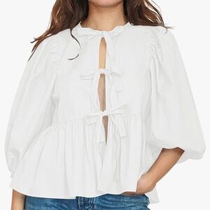 White Tie-Front Peasant Blouse